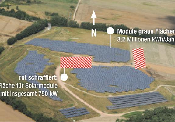 Auf den schraffierten Flächen werden weitere Solarmodule montiert