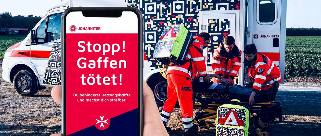 Der Code löst auf dem Handy der Filmenden automatischen den Warnhinweis „Gaffen tötet!“ aus und schlägt eine Weiterleitung auf auf die Seite www.gaffen-toetet.de vor