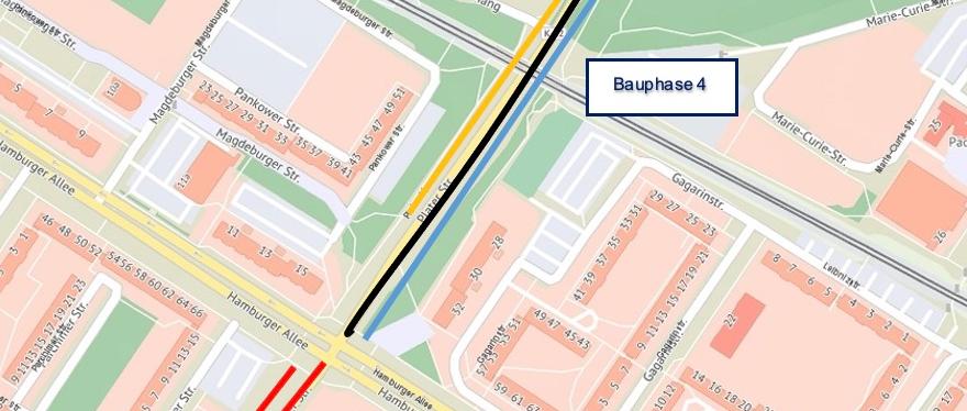 Die schwarze Linie (Fahrtrichtung Hamburger Allee) kennzeichnet den Bereich der Arbeiten in der Plater Straße und den dadurch gesperrten Bereich, Quelle: GAIA-MV