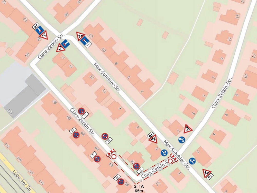 Der 2. Teilabschnitt beginnt auf Höhe Haus-Nummer 64 und geht bis Ecke Max-Suhrbier-Straße Haus-Nummer 3.